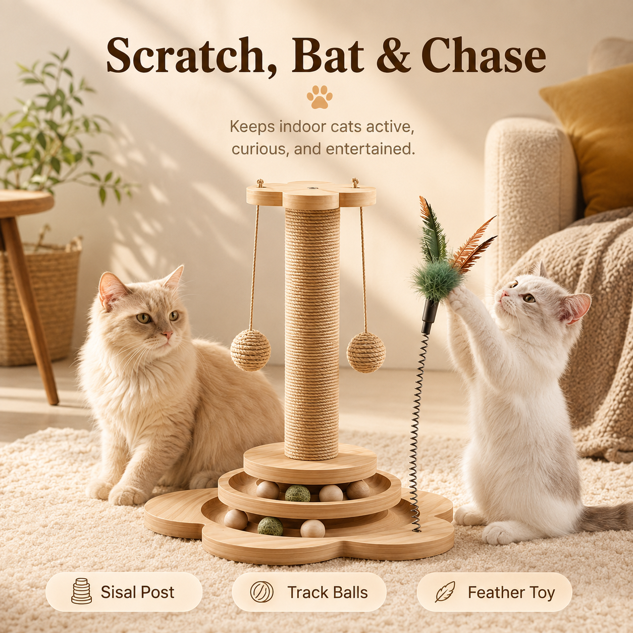 All-in-One Sisal Cat Scratching Post with Interactive Toys