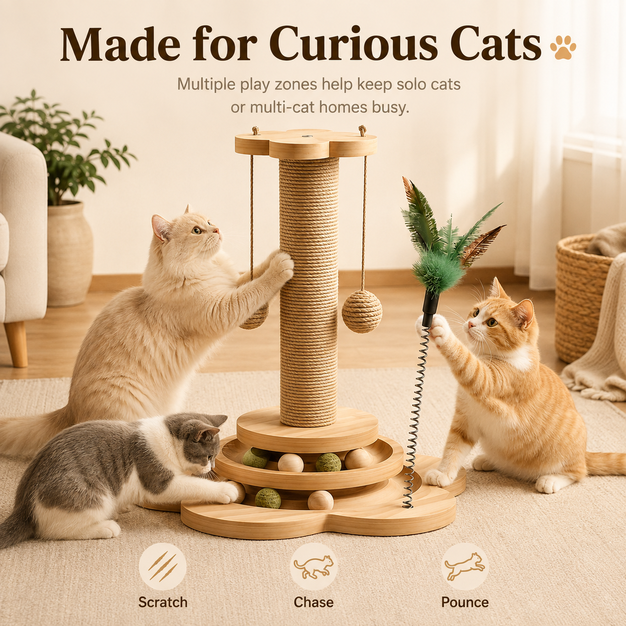 All-in-One Sisal Cat Scratching Post with Interactive Toys