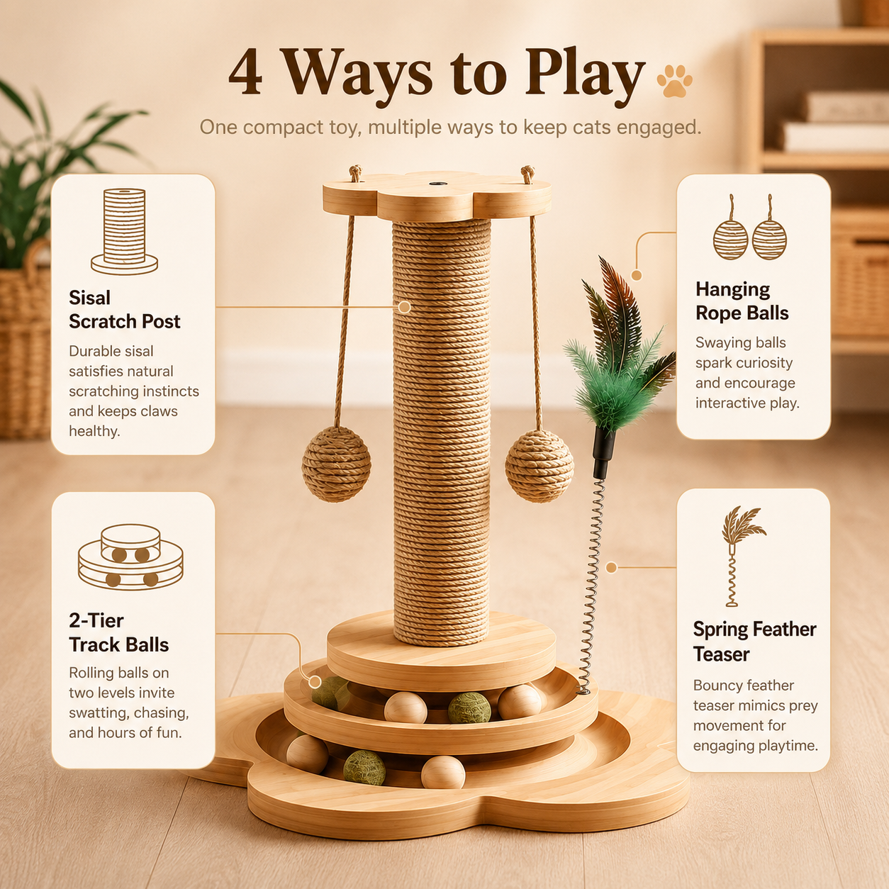 All-in-One Sisal Cat Scratching Post with Interactive Toys