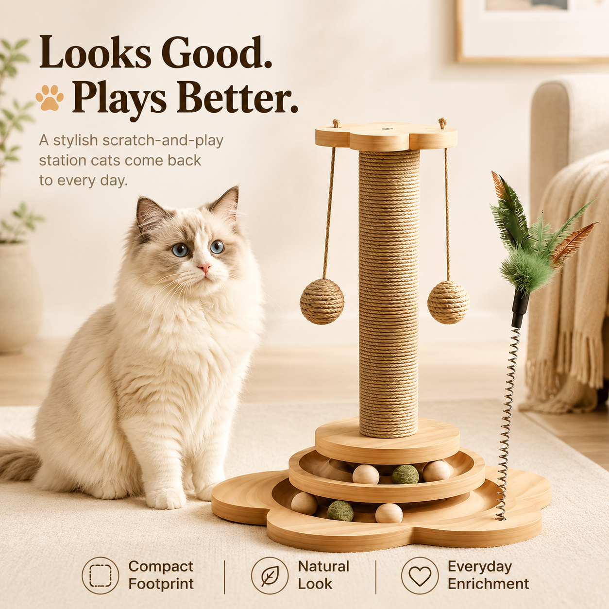 All-in-One Sisal Cat Scratching Post with Interactive Toys